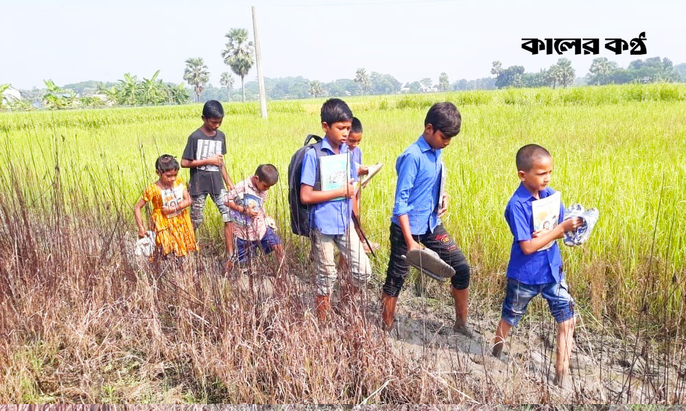 কোলমমতি শিশু শিক্ষার্থীরাও কাদামাটি পার হয়ে স্কুল-মাদরাসায় যাচ্ছে। ছবি : কালের কণ্ঠ