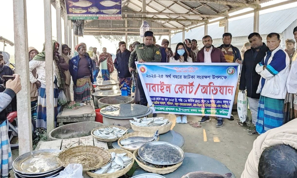 সদরপুরে জাটকা ইলিশ জব্দ করে এতিমখানায় বিতরণ, ব্যবসায়ীকে জরিমানা