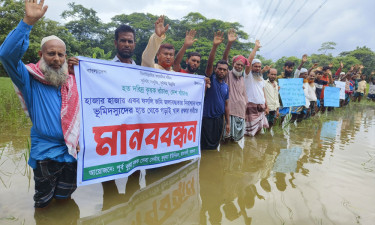 হাঁটু পানিতে নেমে কৃষকদের মানববন্ধন, জলাবদ্ধতা নিরসনে খালের বাধ অপসারণ দাবি
