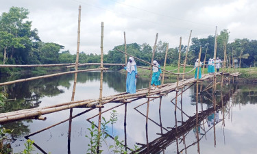 ৪০ বছর ধরে বাঁশের সাঁকোতে নদী পার