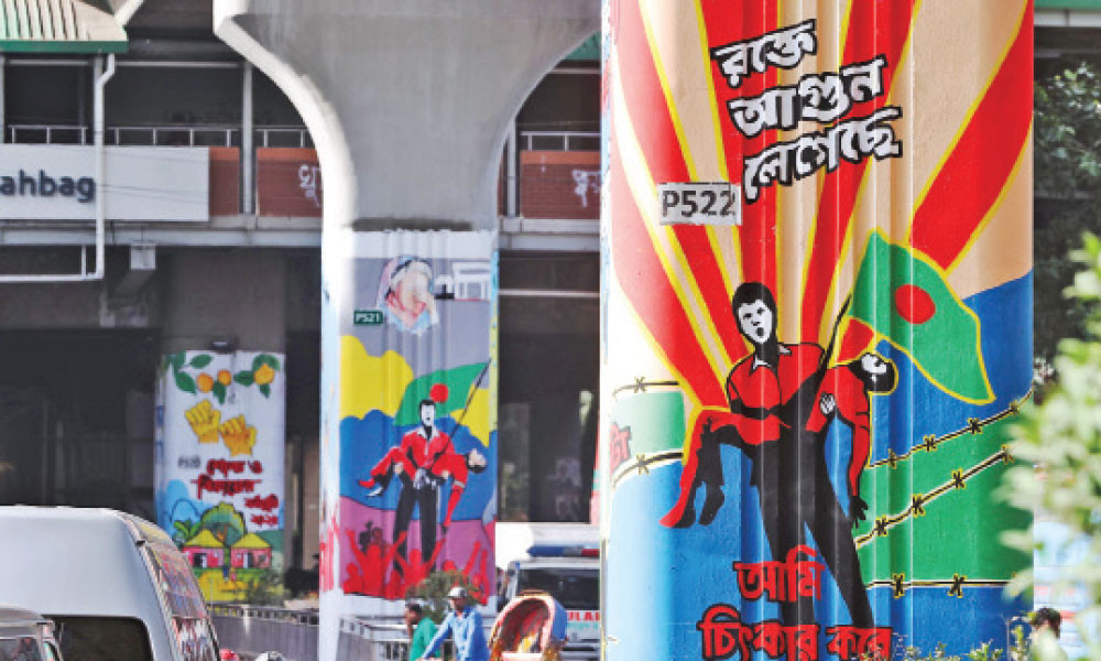 মেট্রো রেলের পিলারে জুলাই গণ-অভ্যুত্থানের বিভিন্ন চিত্র