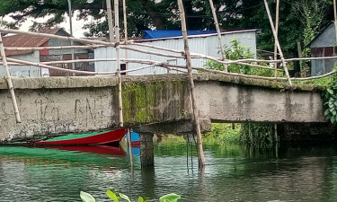 ভাঙা সেতু রক্ষায় বাঁশের পিলার