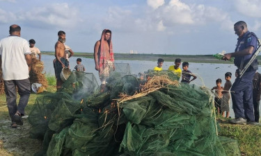 নাটোরে লক্ষাধিক টাকার নিষিদ্ধ চায়না দুয়ারি জাল জব্দের পর পুড়িয়ে ধ্বংস