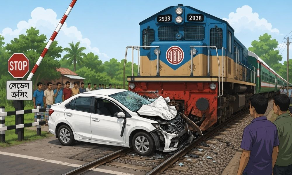 লেভেলক্রসিংয়ে আটকে যাওয়া প্রাইভেটকারে ট্রেনের ধাক্কা, নিহত ১